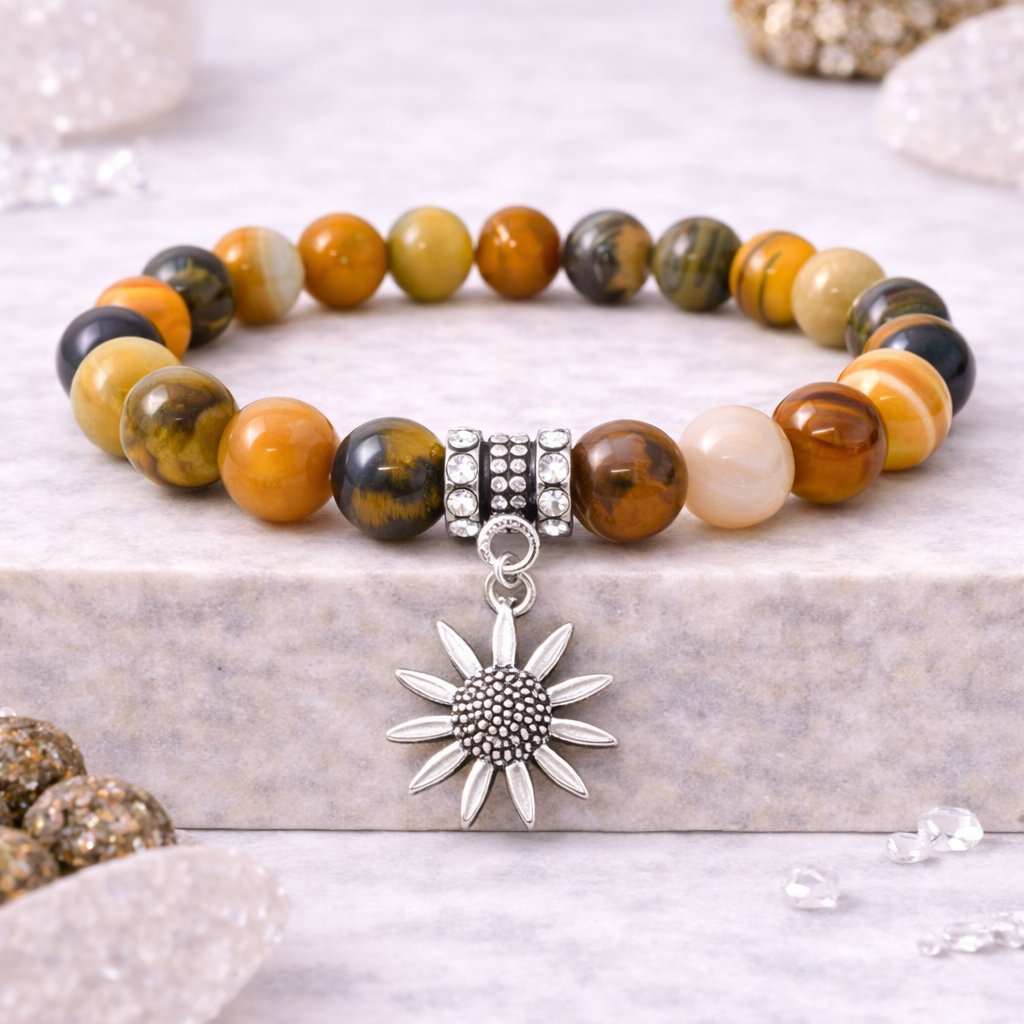 Bumblebee Agate Gemstone Charm 8mm Beaded Stretch Bracelet